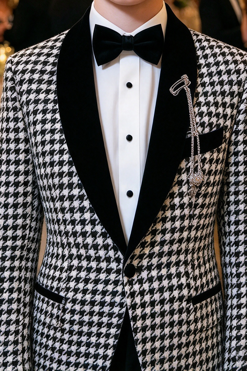 Boys Houndstooth Velvet Shawl Lapel 2-Piece Suit