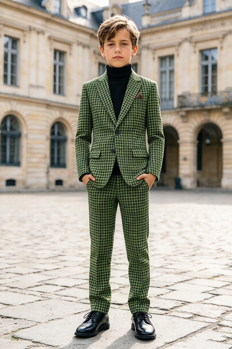 Boys Green Check with Notch Lapel 2-Piece Suit