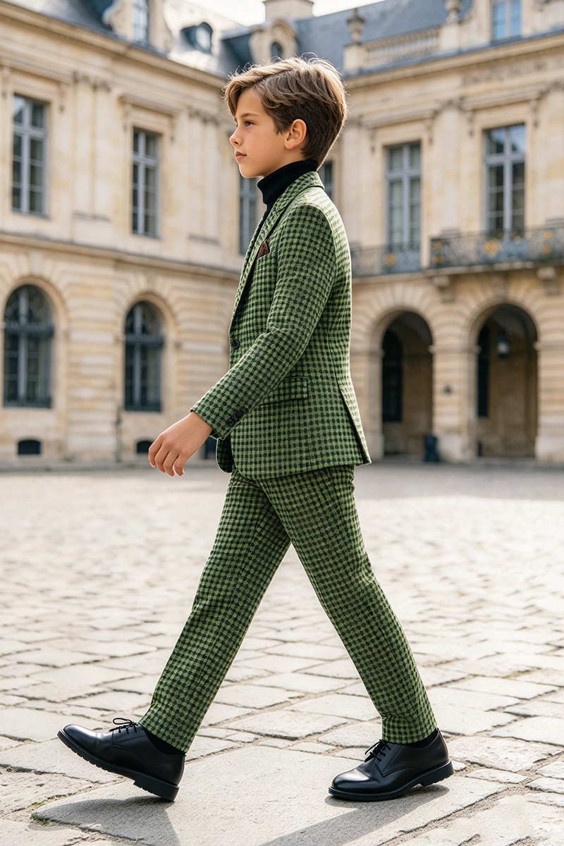 Boys Green Check with Notch Lapel 2-Piece Suit