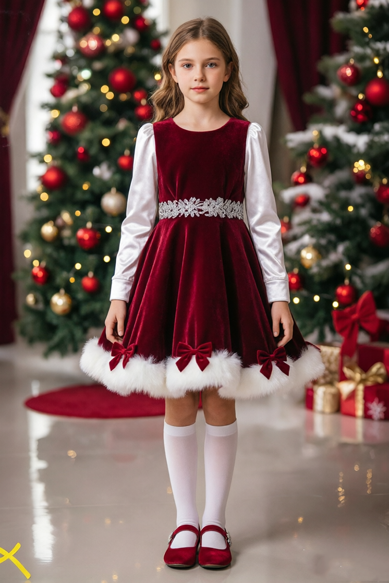 Girls Burgundy Velvet Dress with Fur Trimmed Hem