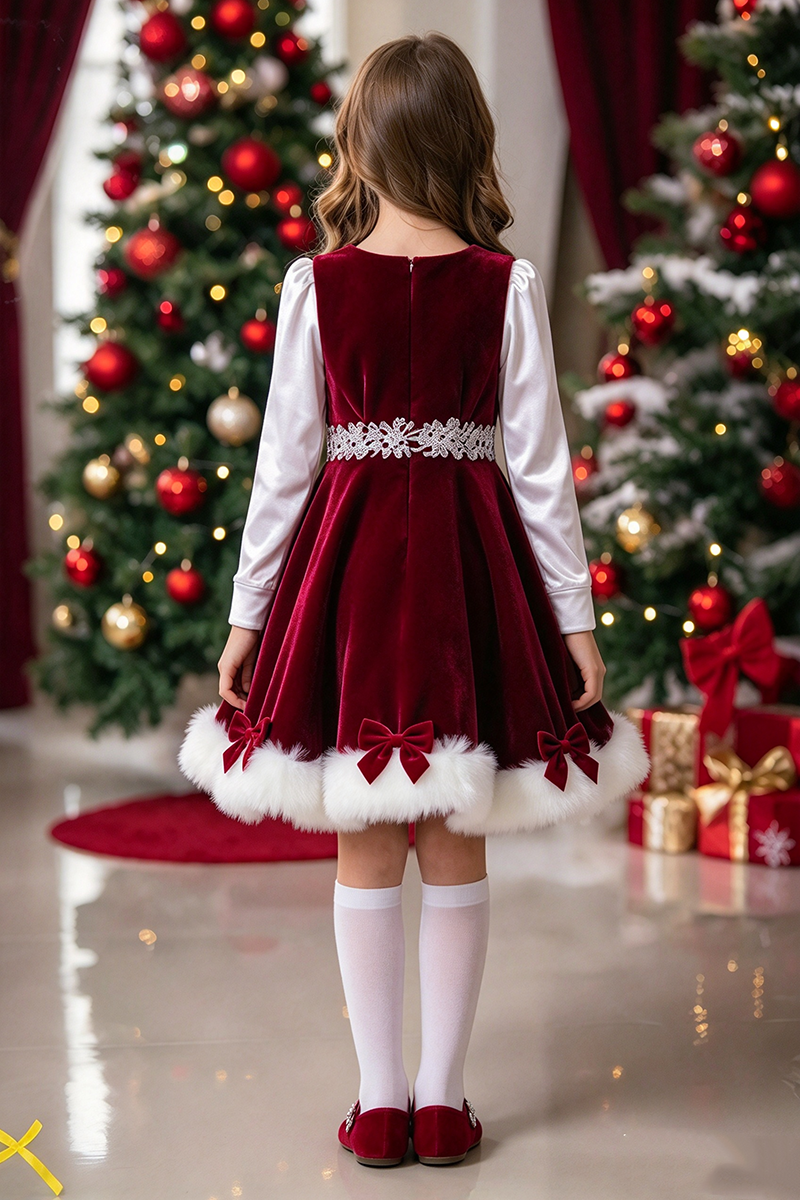 Girls Burgundy Velvet Dress with Fur Trimmed Hem