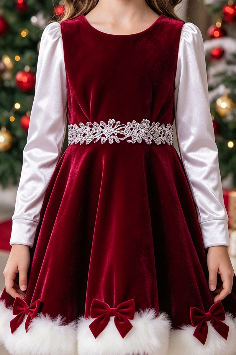 Girls Burgundy Velvet Dress with Fur Trimmed Hem