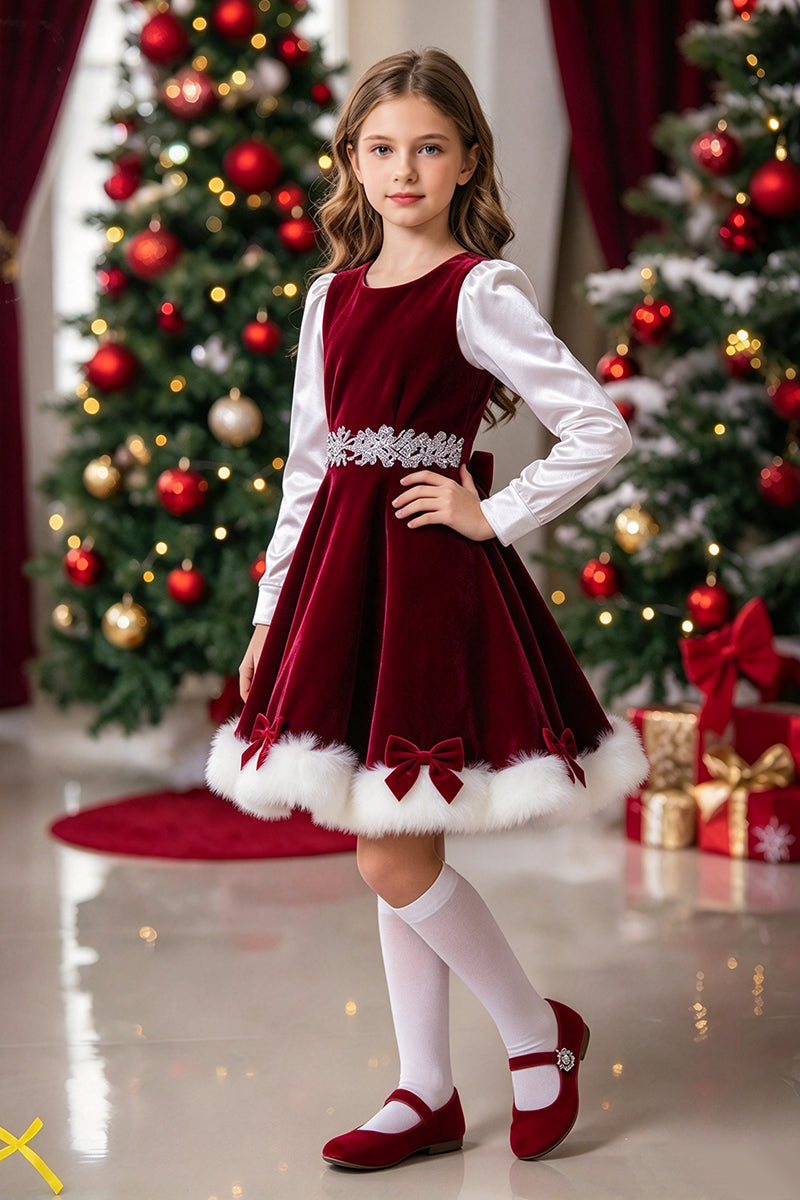Girls Burgundy Velvet Dress with Fur Trimmed Hem