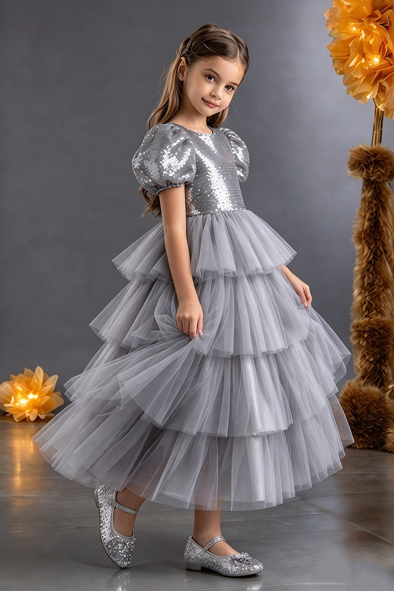Girls Silver Sequin Tulle Dress with Puff Sleeves