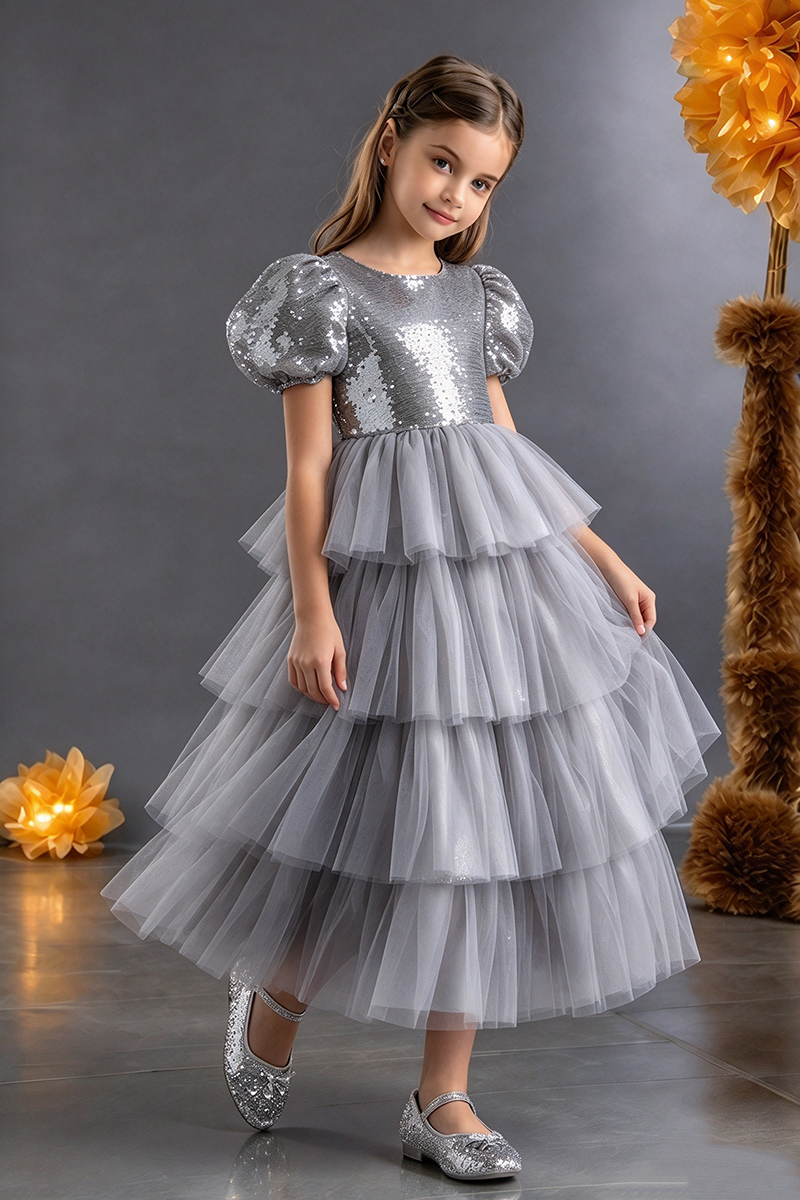 Girls Silver Sequin Tulle Dress with Puff Sleeves