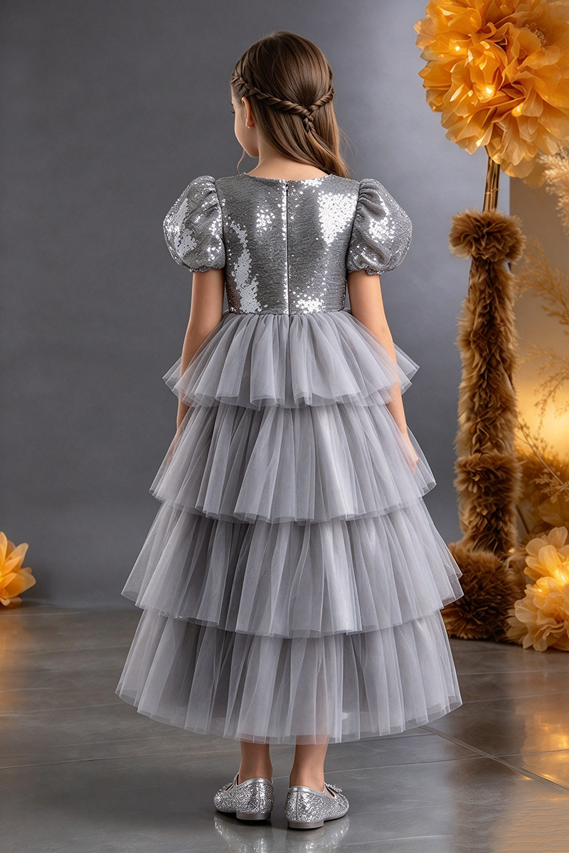 Girls Silver Sequin Tulle Dress with Puff Sleeves