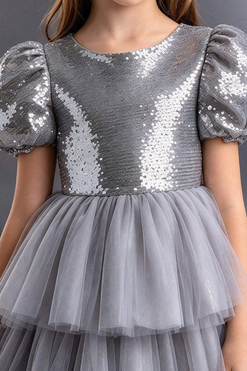 Girls Silver Sequin Tulle Dress with Puff Sleeves