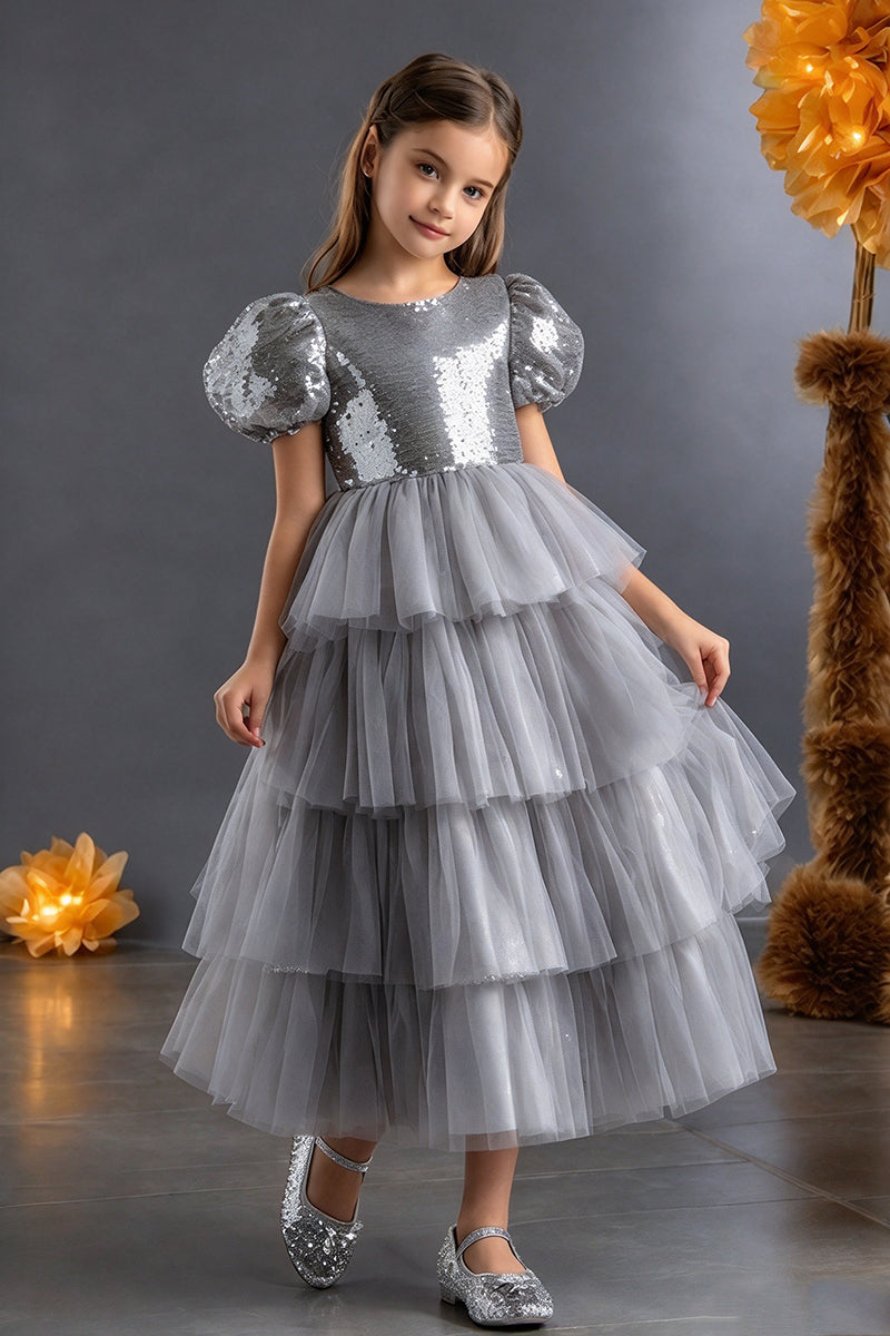 Girls Silver Sequin Tulle Dress with Puff Sleeves