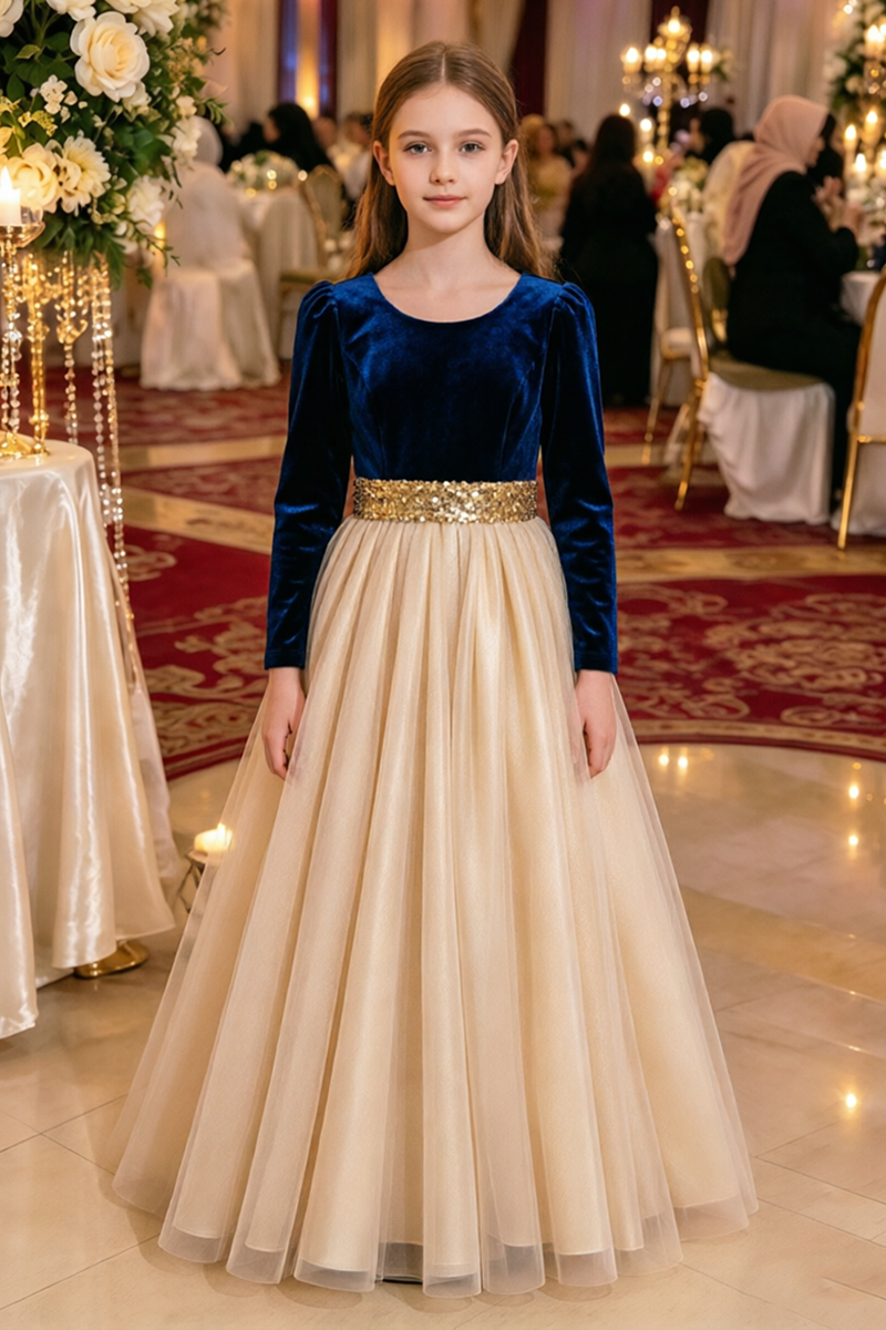 Girls Black Velvet Dress with Gold Sequin Waistband
