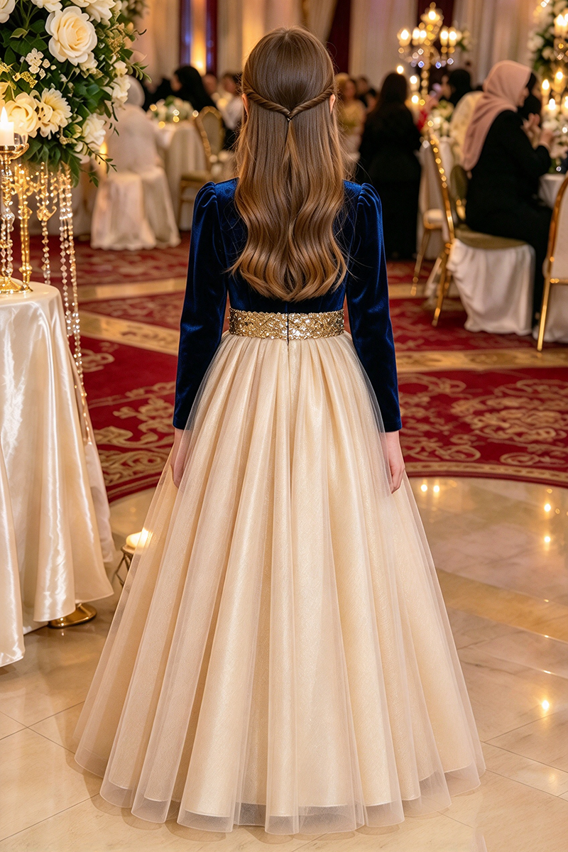Girls Black Velvet Dress with Gold Sequin Waistband