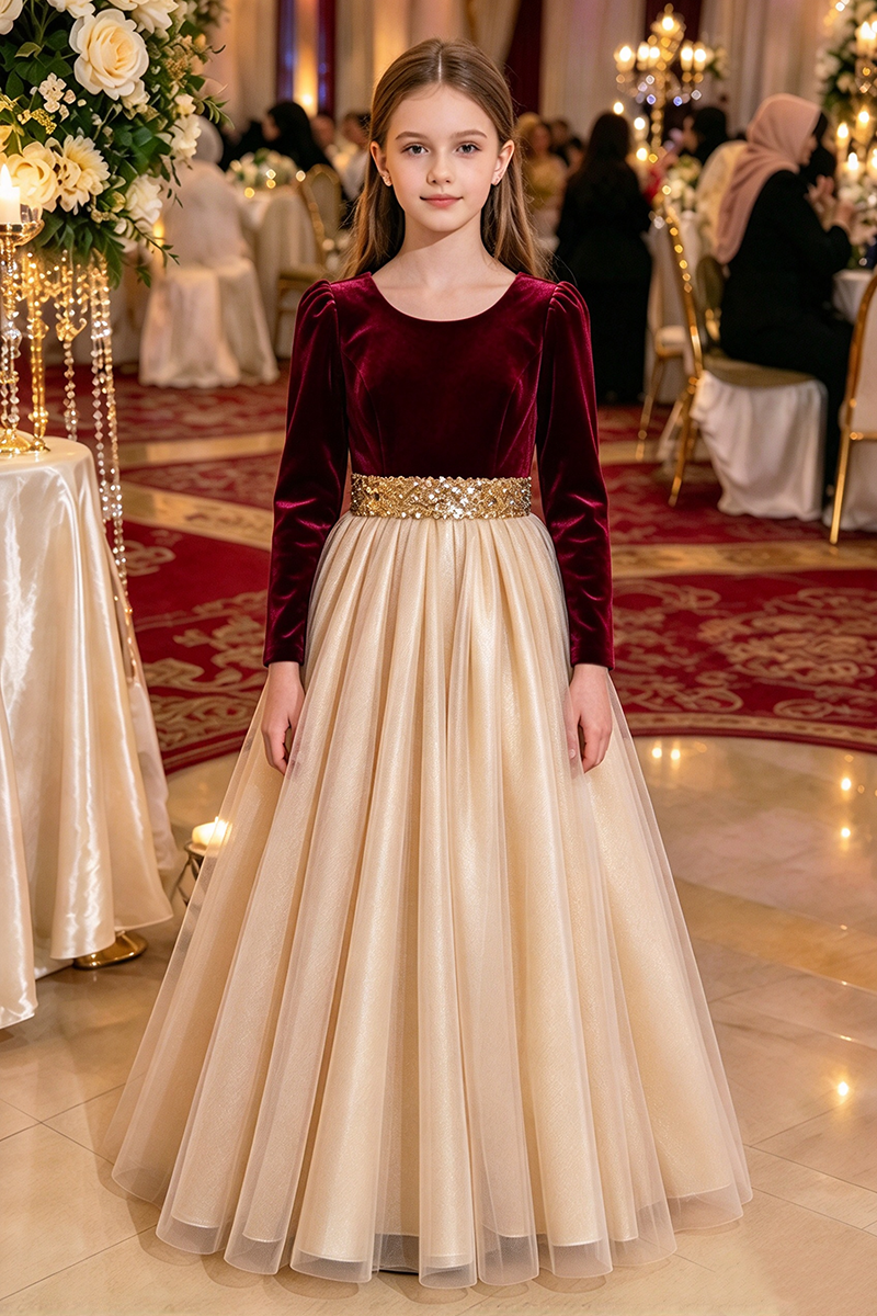 Girls Black Velvet Dress with Gold Sequin Waistband