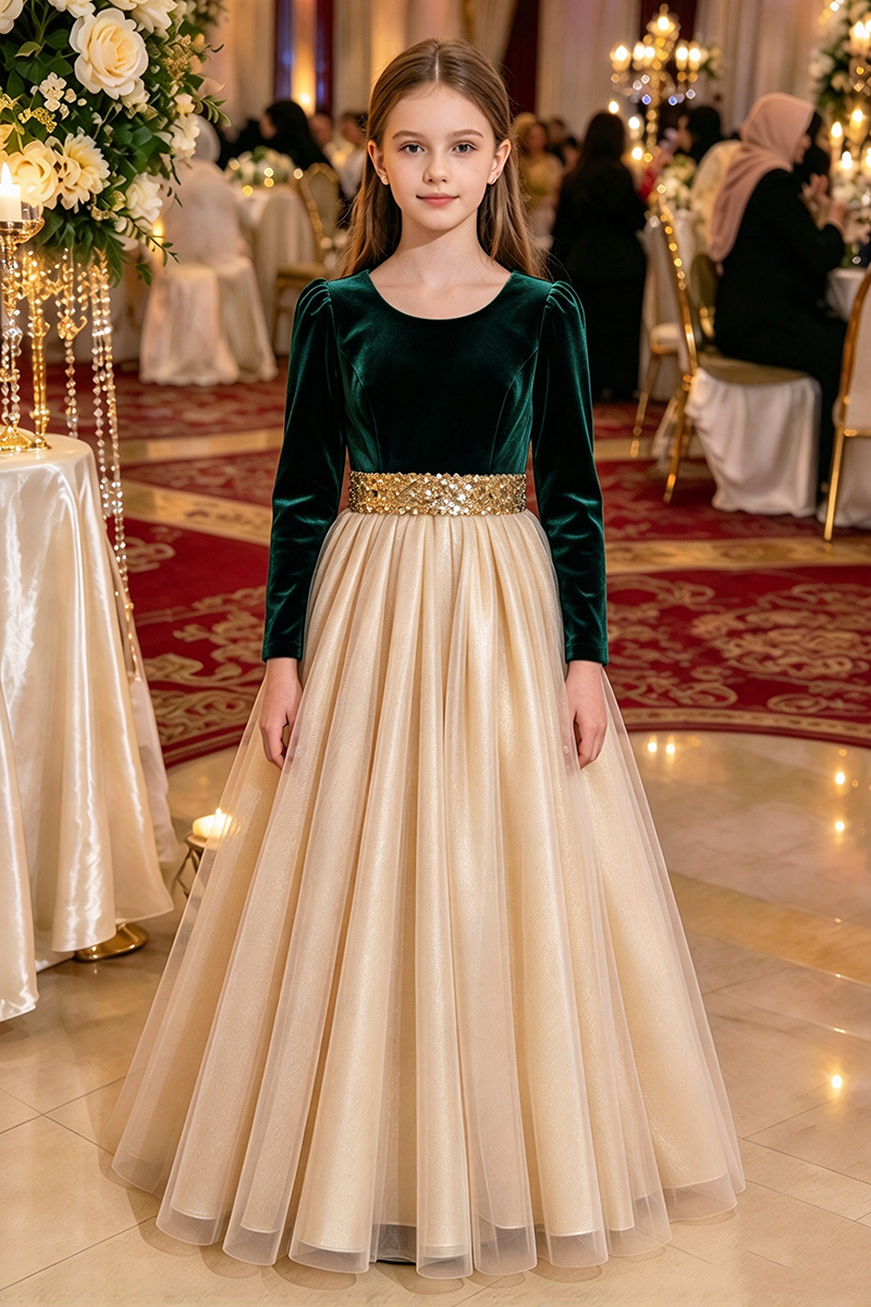 Girls Black Velvet Dress with Gold Sequin Waistband