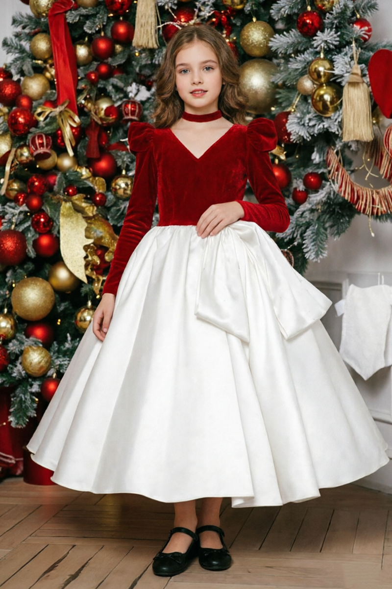 Girls Red Velvet Satin Dress with Puff Shoulder