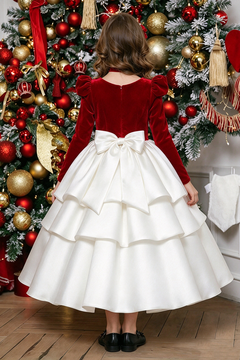 Girls Red Velvet Satin Dress with Puff Shoulder