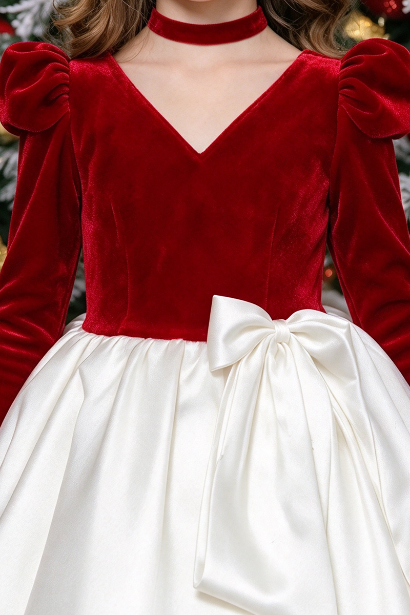 Girls Red Velvet Satin Dress with Puff Shoulder