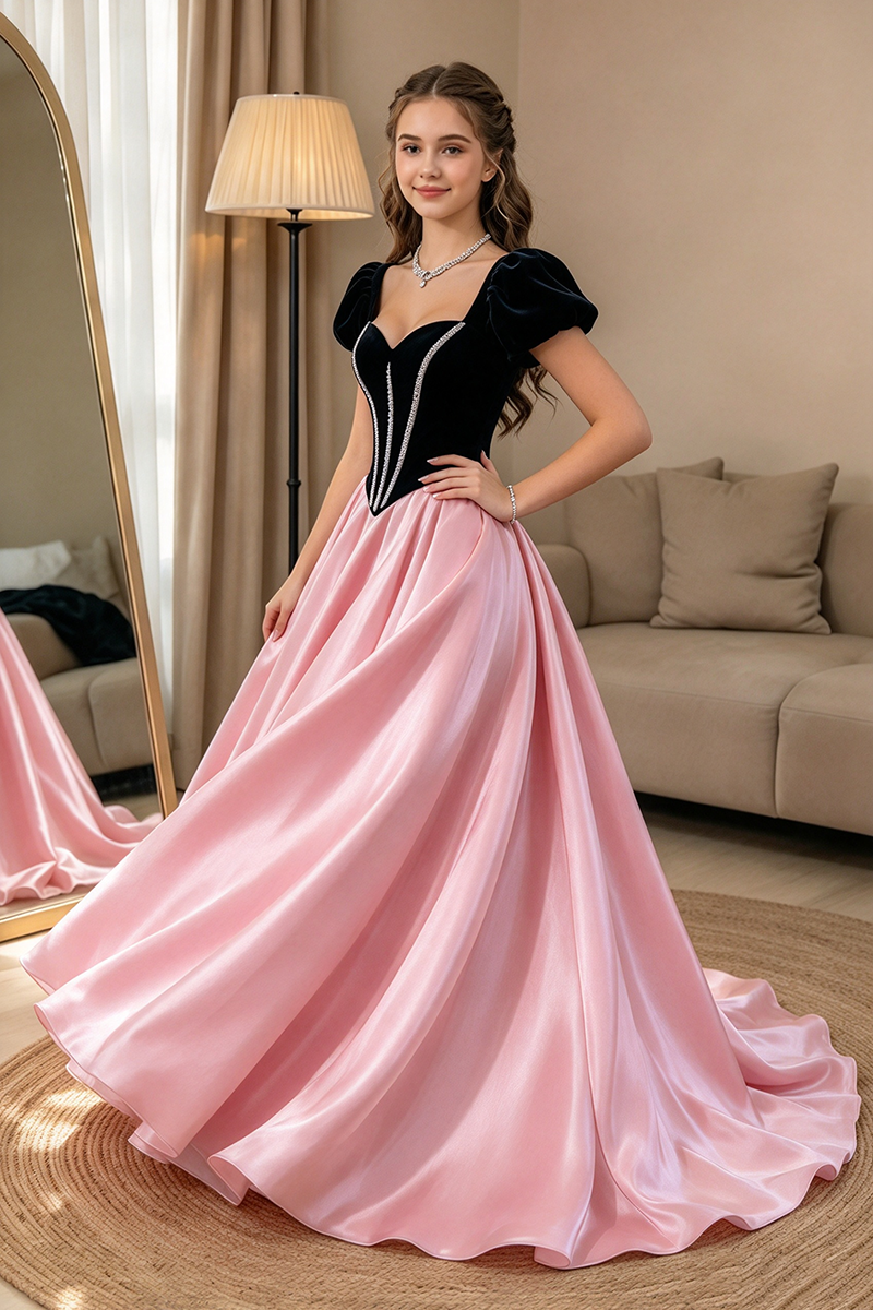 Girls Black Velvet Satin Dress with Sweetheart Neck