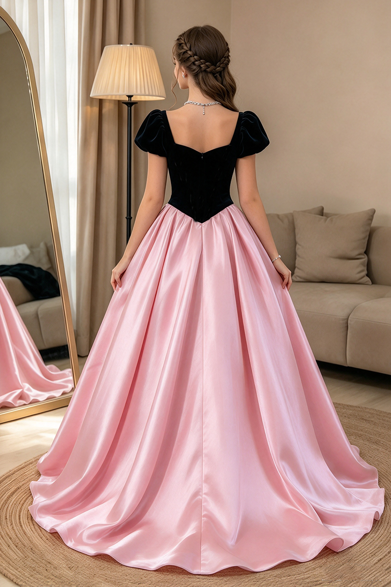 Girls Black Velvet Satin Dress with Sweetheart Neck