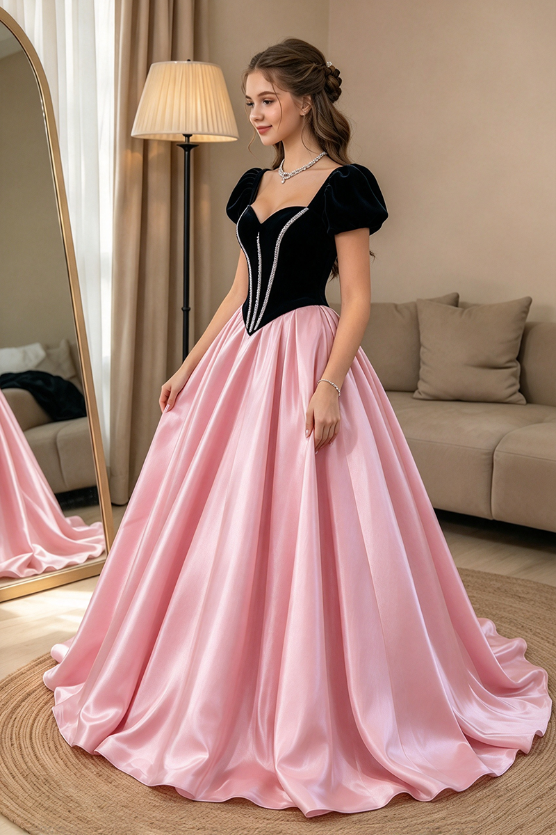 Girls Black Velvet Satin Dress with Sweetheart Neck