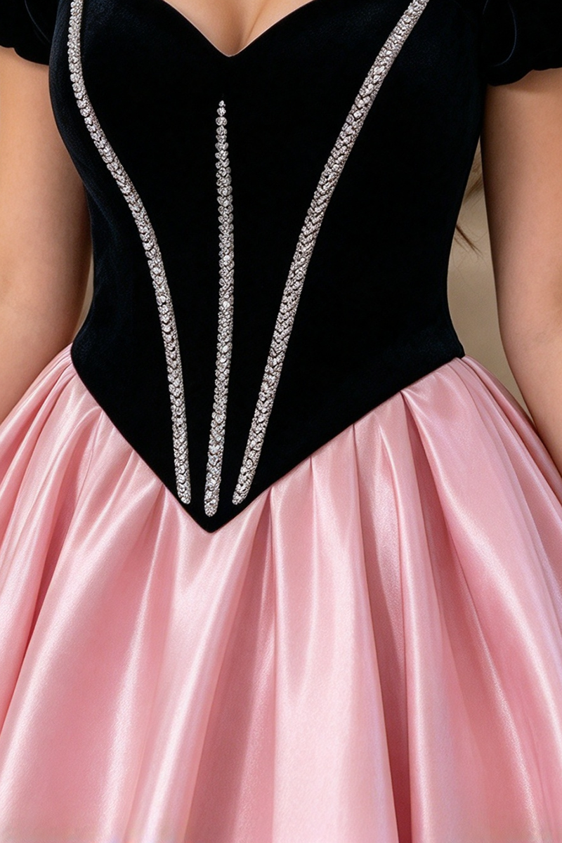 Girls Black Velvet Satin Dress with Sweetheart Neck