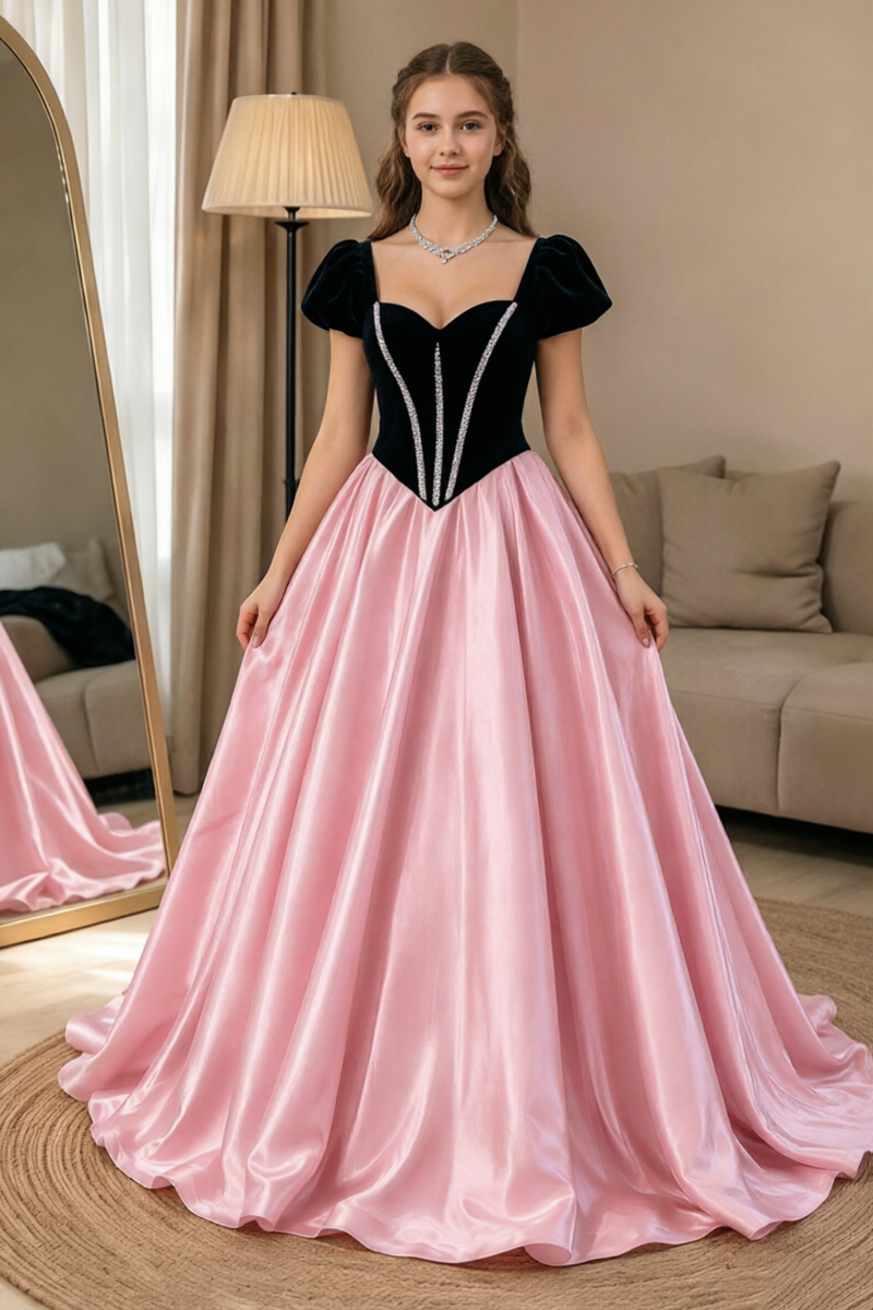 Girls Black Velvet Satin Dress with Sweetheart Neck
