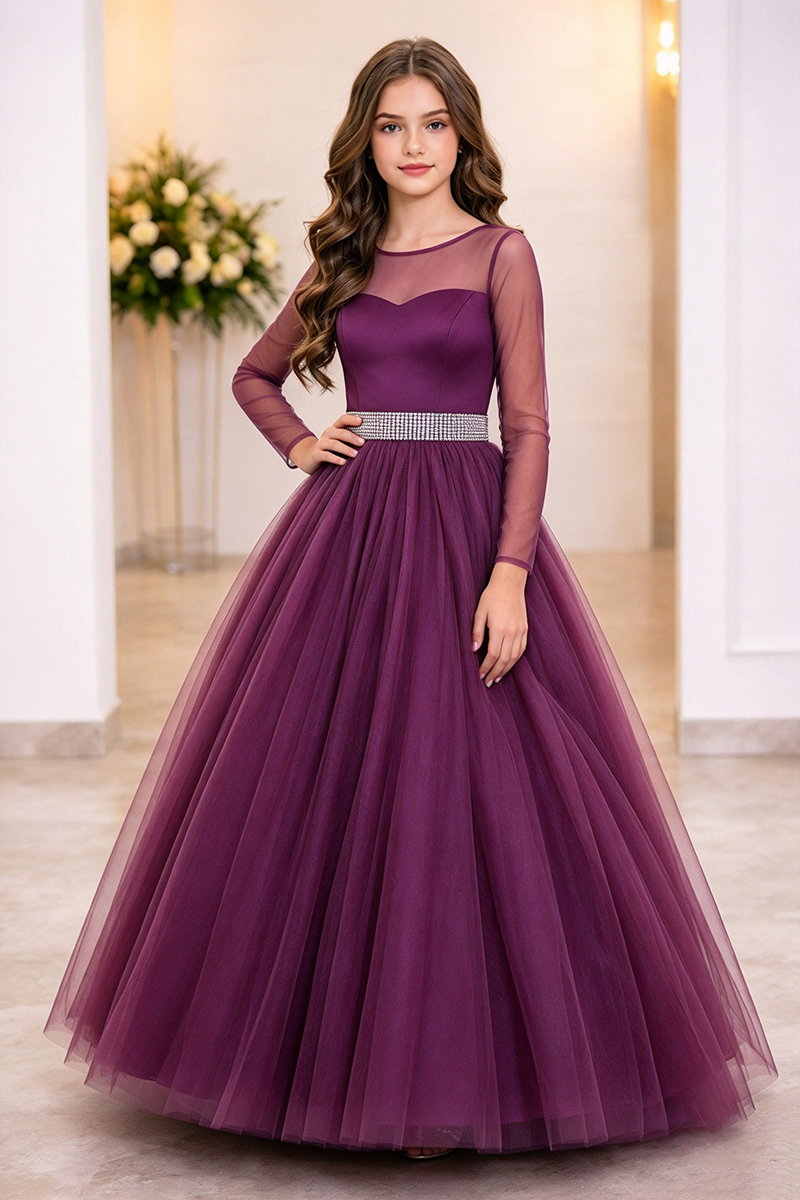 Girls Plum Tulle Ball Dress with Illusion Sleeves