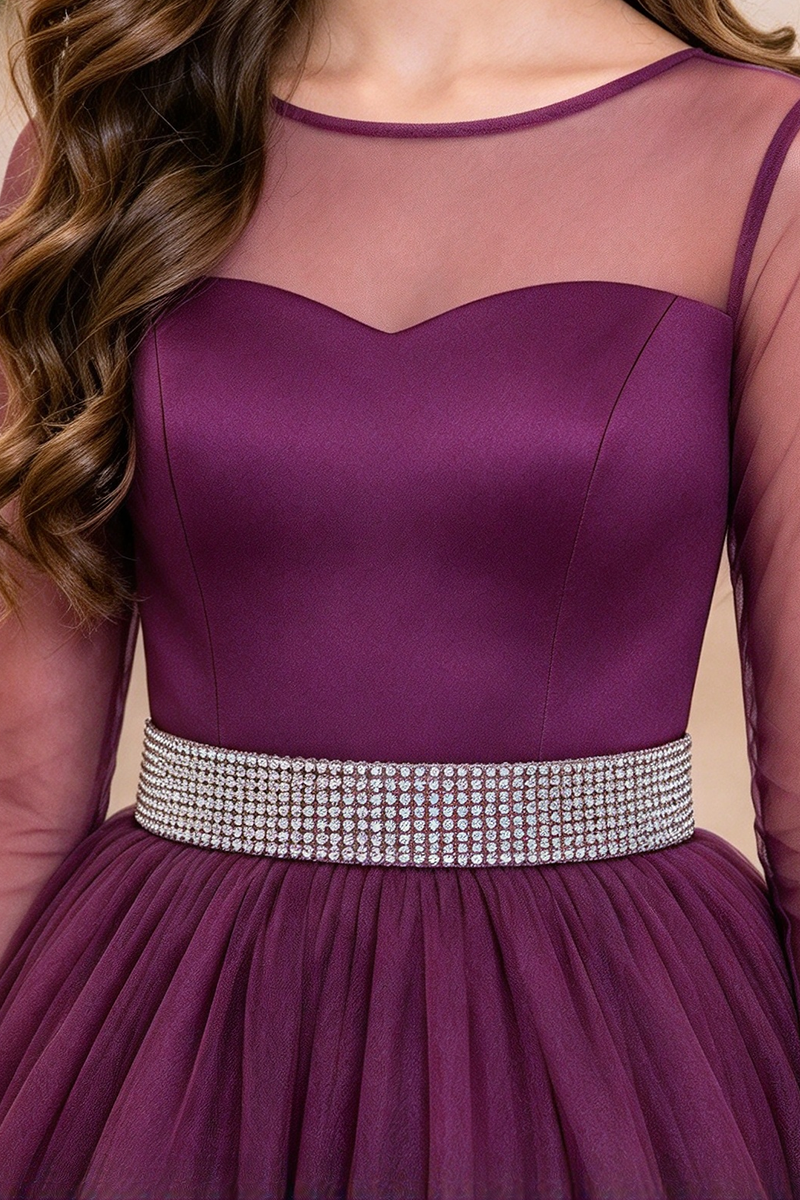 Girls Plum Tulle Ball Dress with Illusion Sleeves