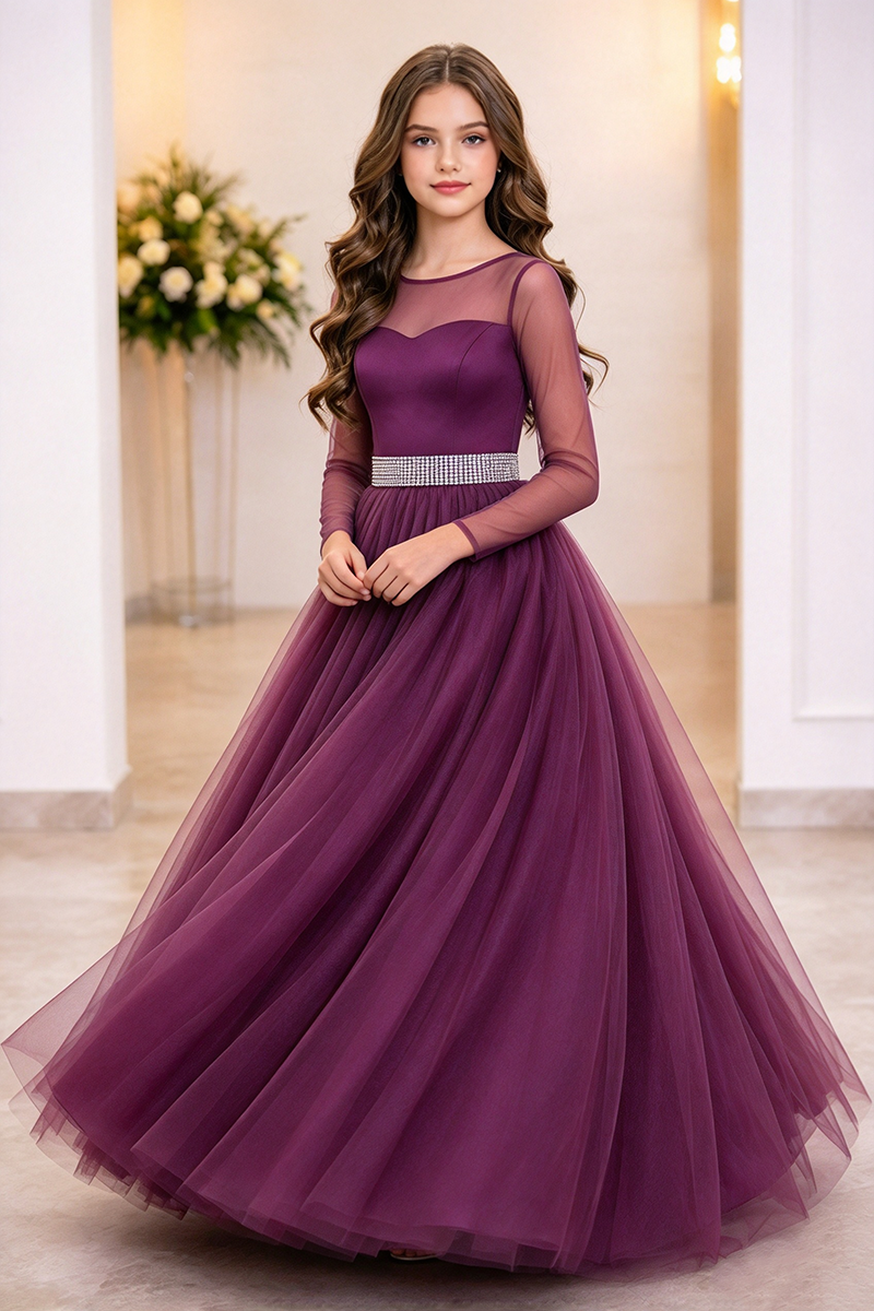 Girls Plum Tulle Ball Dress with Illusion Sleeves