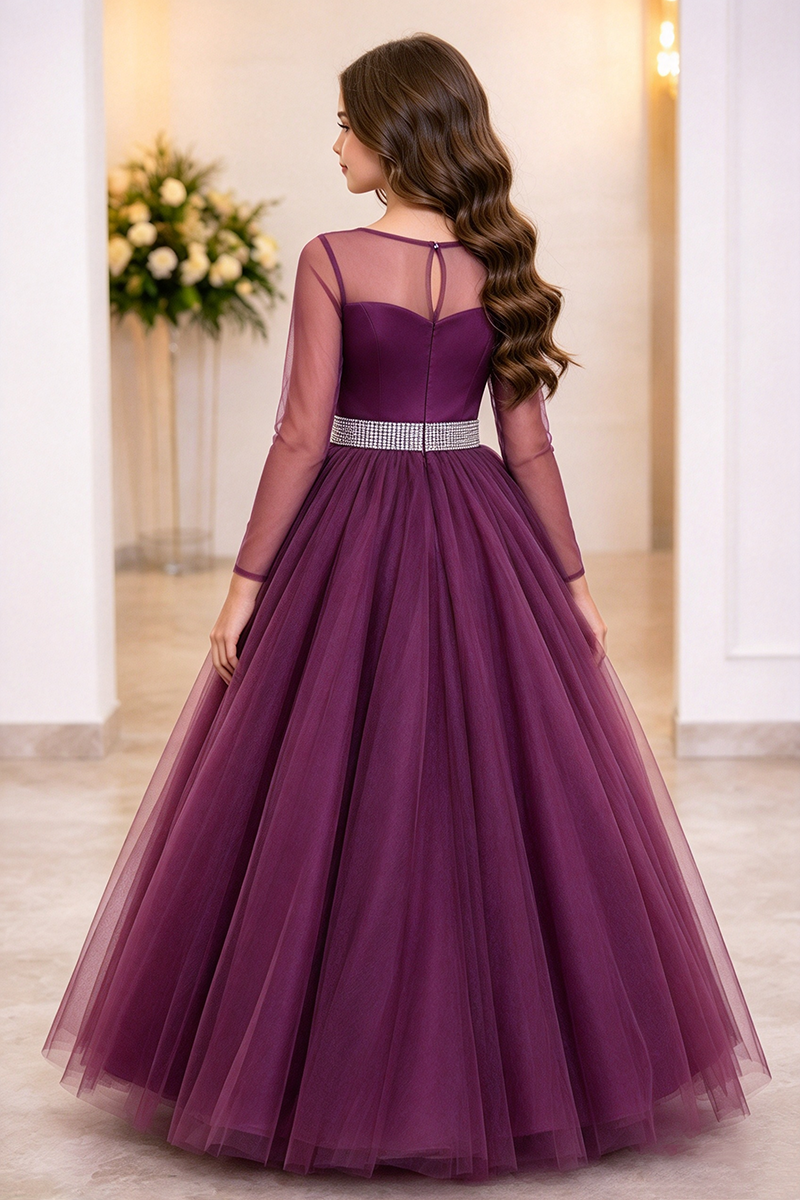 Girls Plum Tulle Ball Dress with Illusion Sleeves