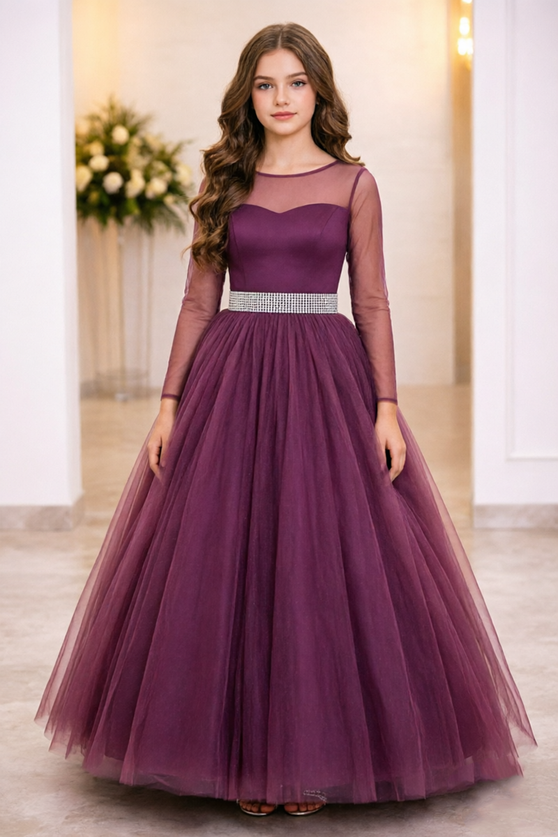 Girls Plum Tulle Ball Dress with Illusion Sleeves