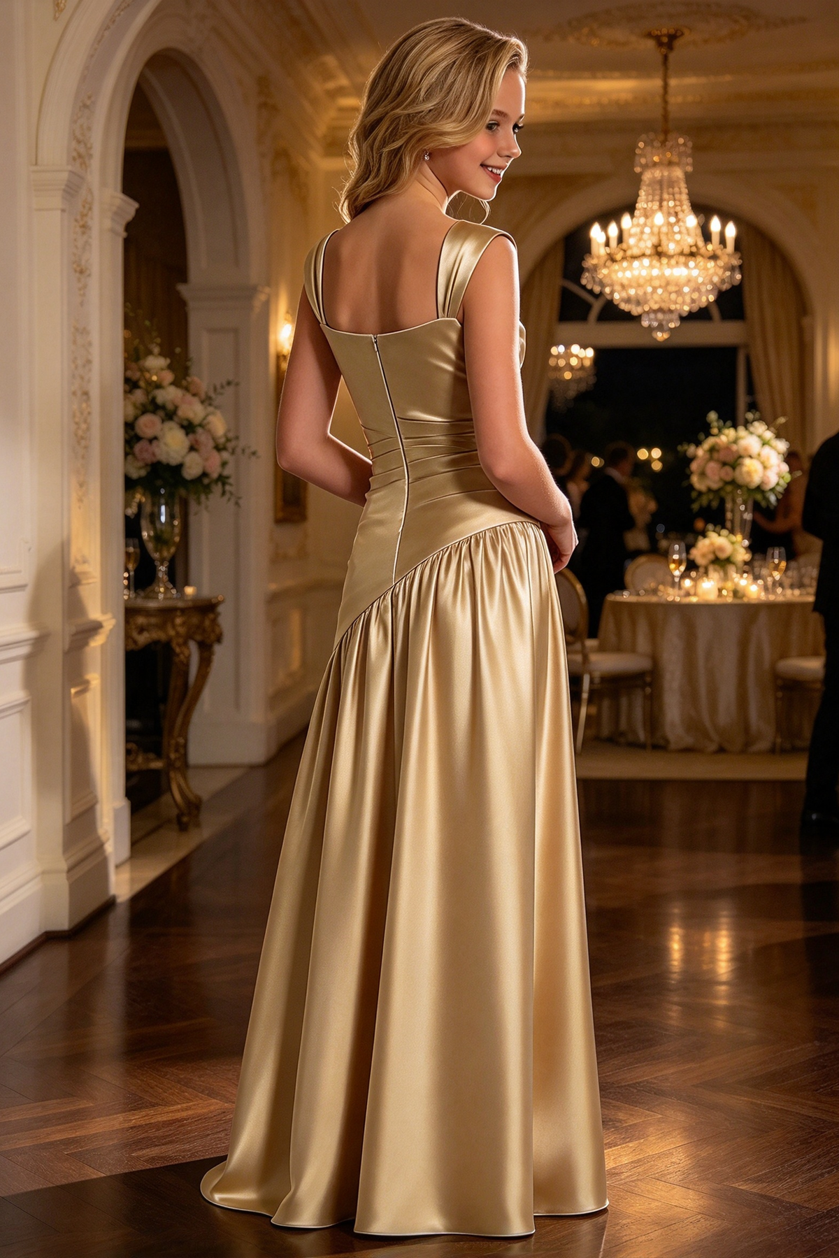 Champagne Satin Girls Slit A-Line Formal Maxi Dress