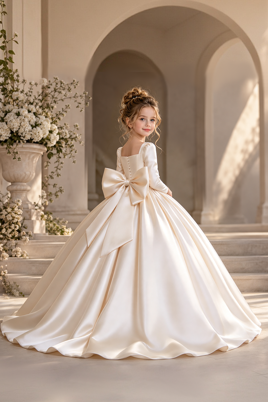 Cream Satin Square Neck Long Sleeve Big Bow A-Line Dress