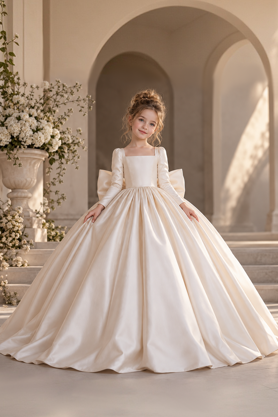 Cream Satin Square Neck Long Sleeve Big Bow A-Line Dress