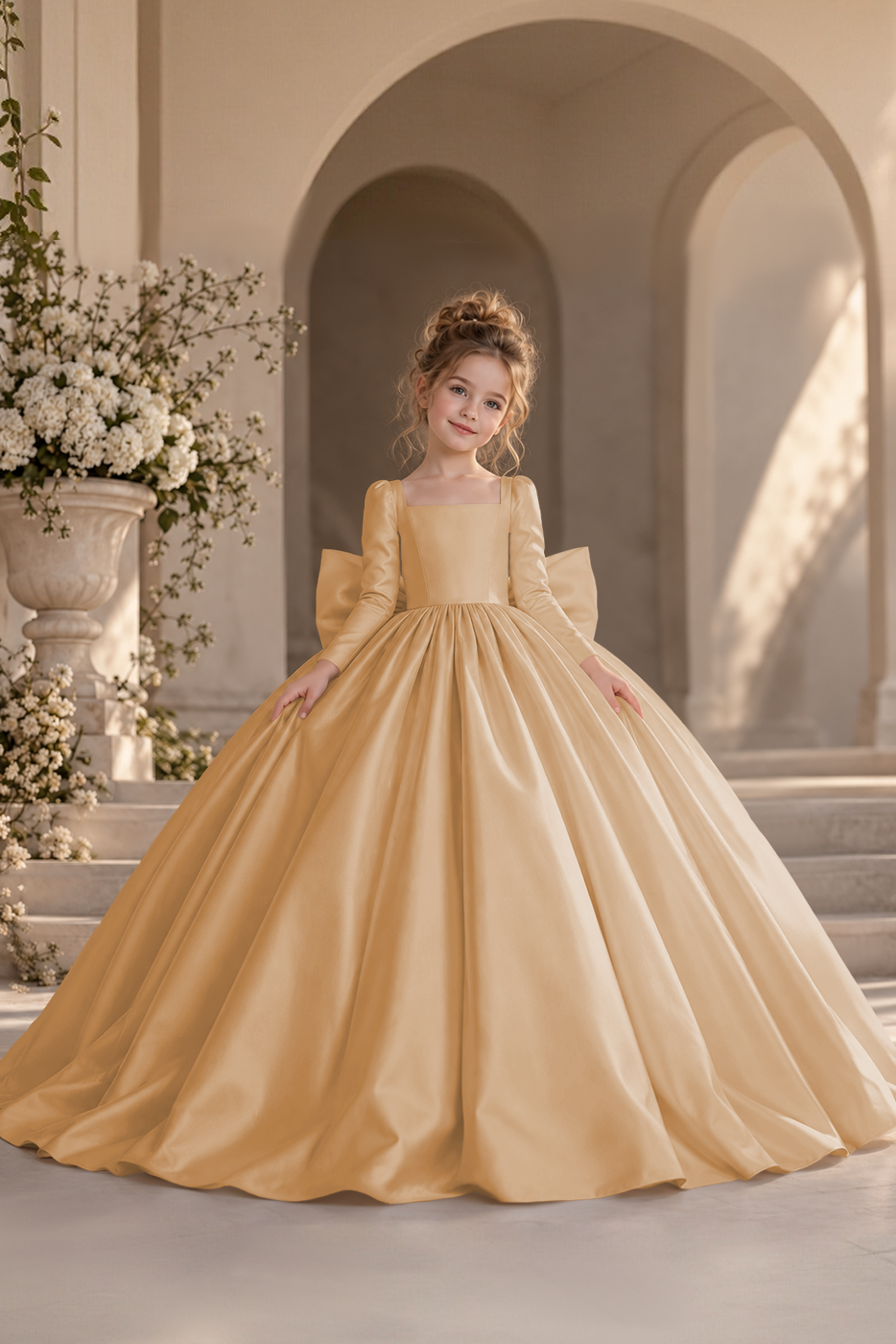 Cream Satin Square Neck Long Sleeve Big Bow A-Line Dress