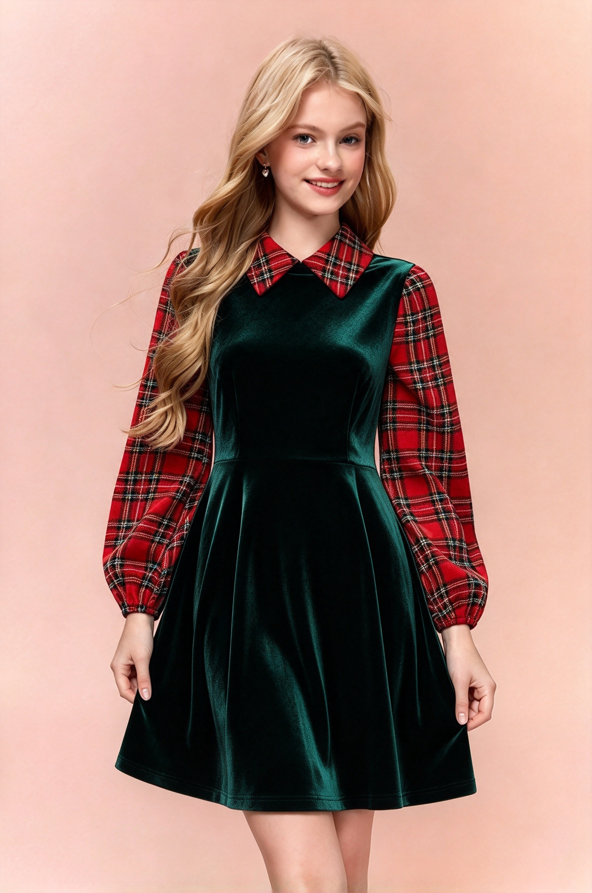 Black Velvet Red Plaid Collared Puff Sleeve A-Line Girls Dress