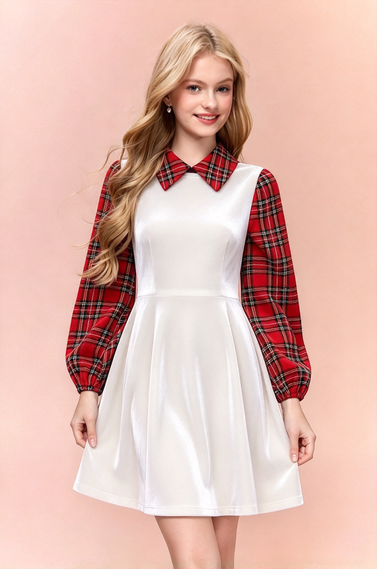 Black Velvet Red Plaid Collared Puff Sleeve A-Line Girls Dress