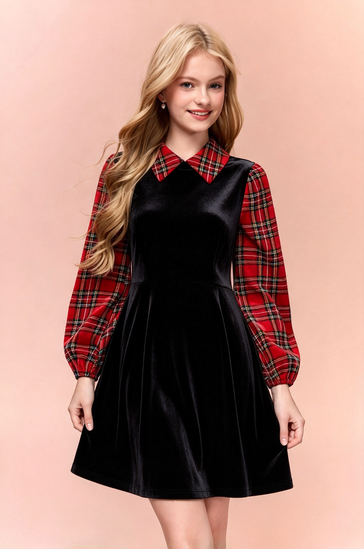 Black Velvet Red Plaid Collared Puff Sleeve A-Line Girls Dress