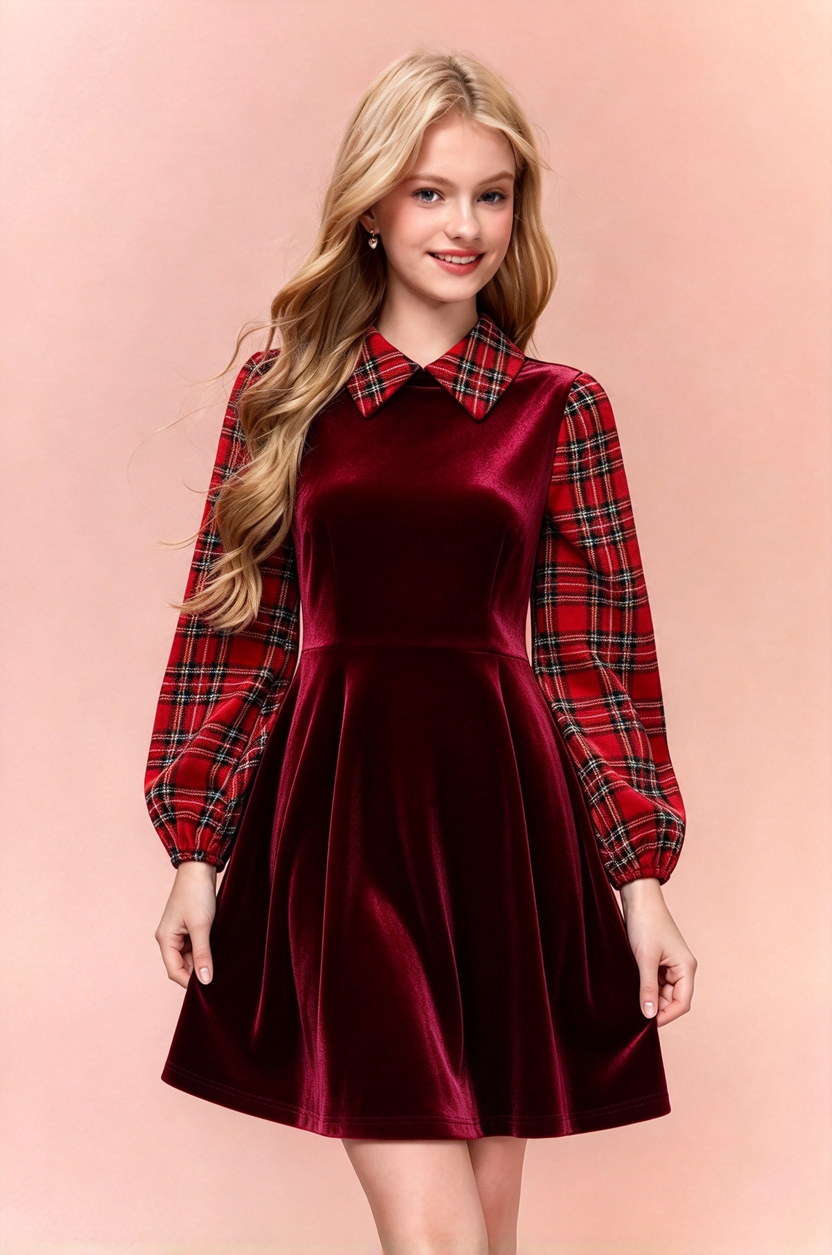 Black Velvet Red Plaid Collared Puff Sleeve A-Line Girls Dress
