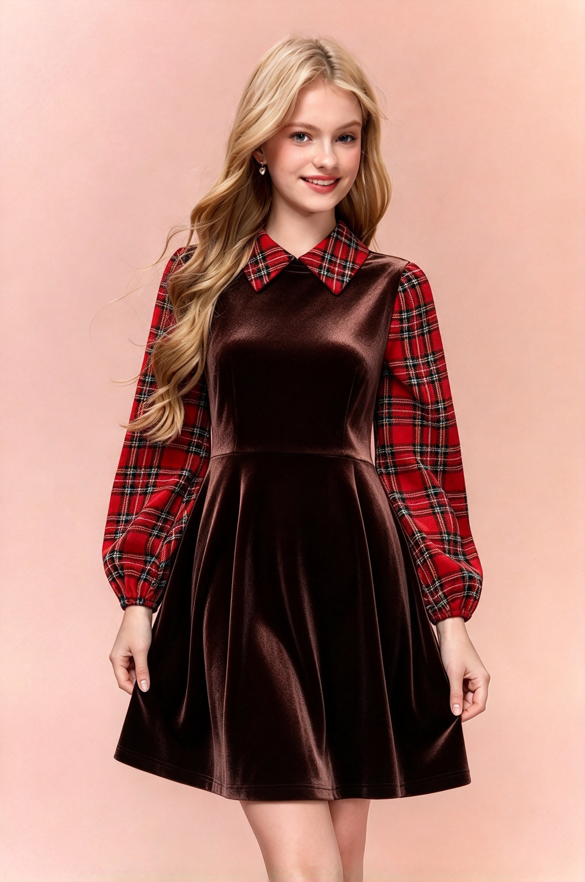 Black Velvet Red Plaid Collared Puff Sleeve A-Line Girls Dress
