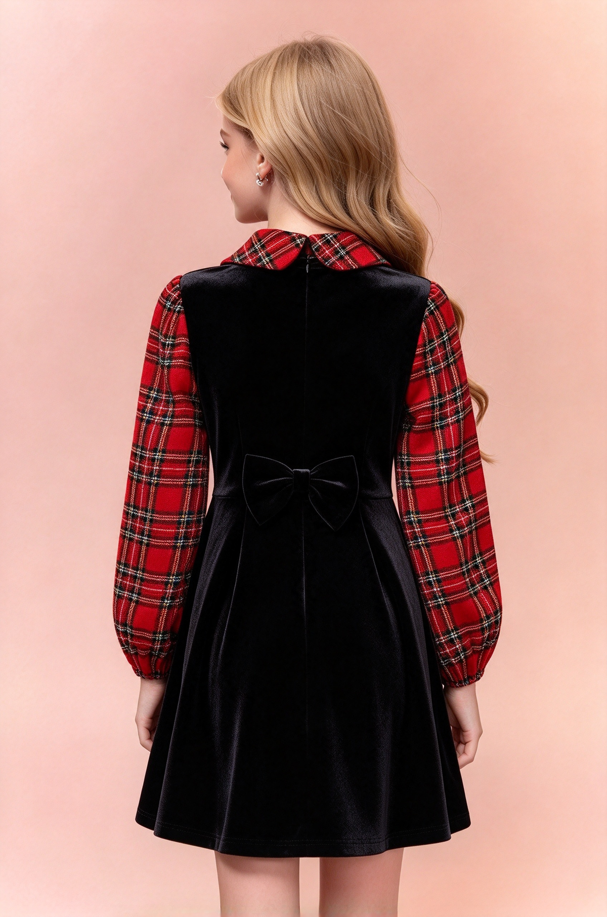 Black Velvet Red Plaid Collared Puff Sleeve A-Line Girls Dress