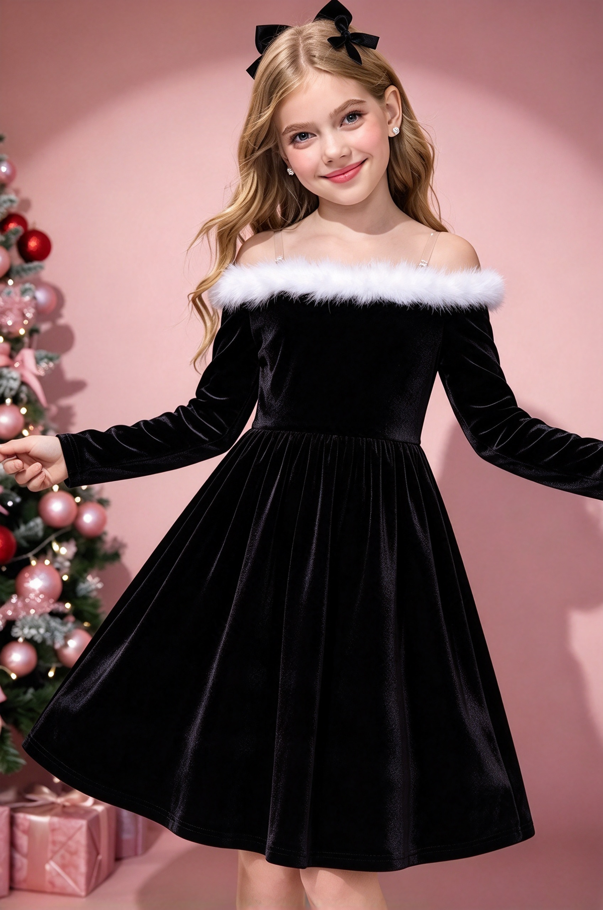 Red Velvet Girls Off Shoulder White Fur A-Line Formal Dress