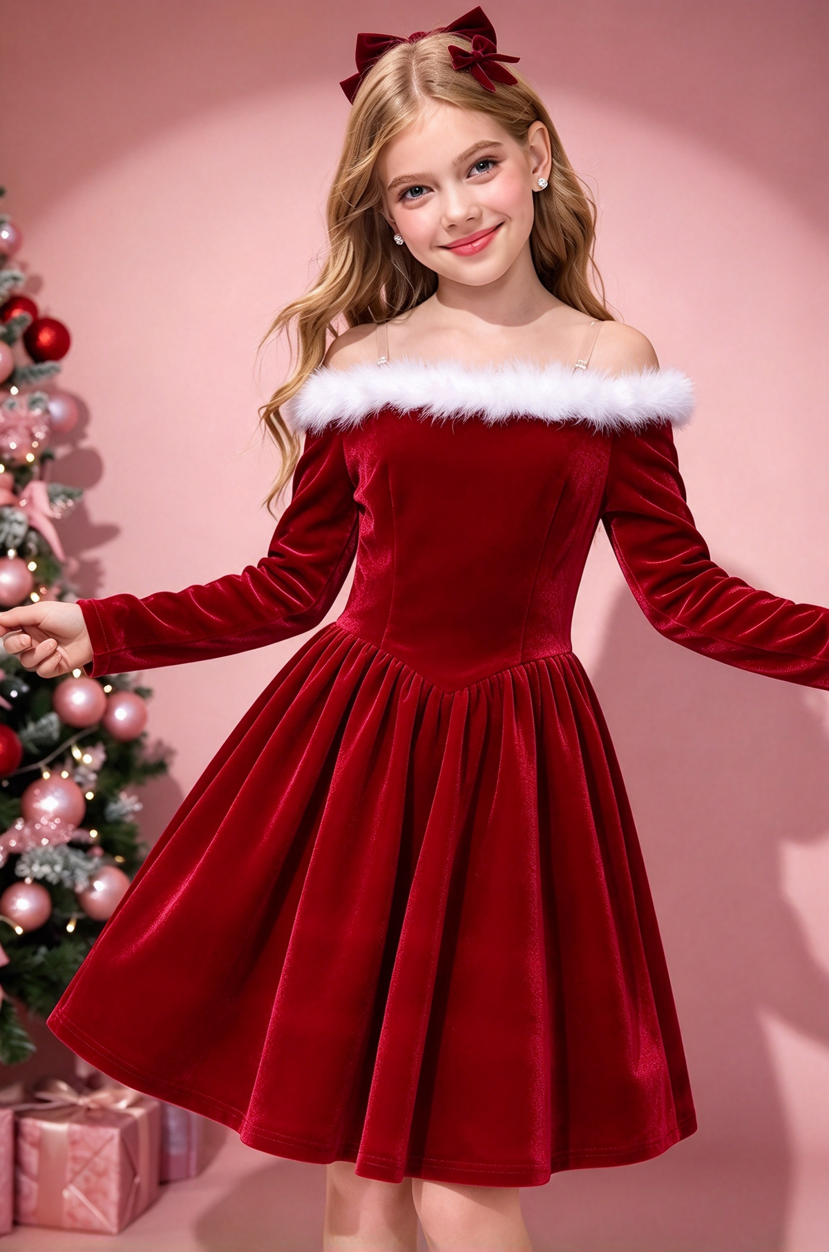 Red Velvet Girls Off Shoulder White Fur A-Line Formal Dress
