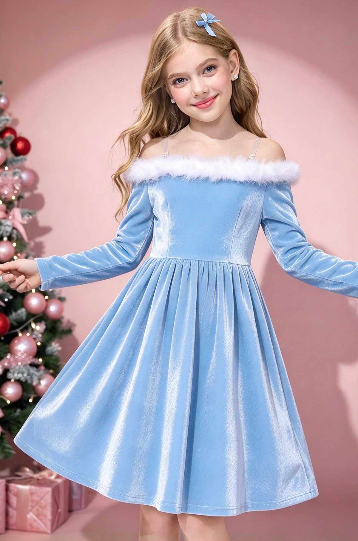 Red Velvet Girls Off Shoulder White Fur A-Line Formal Dress