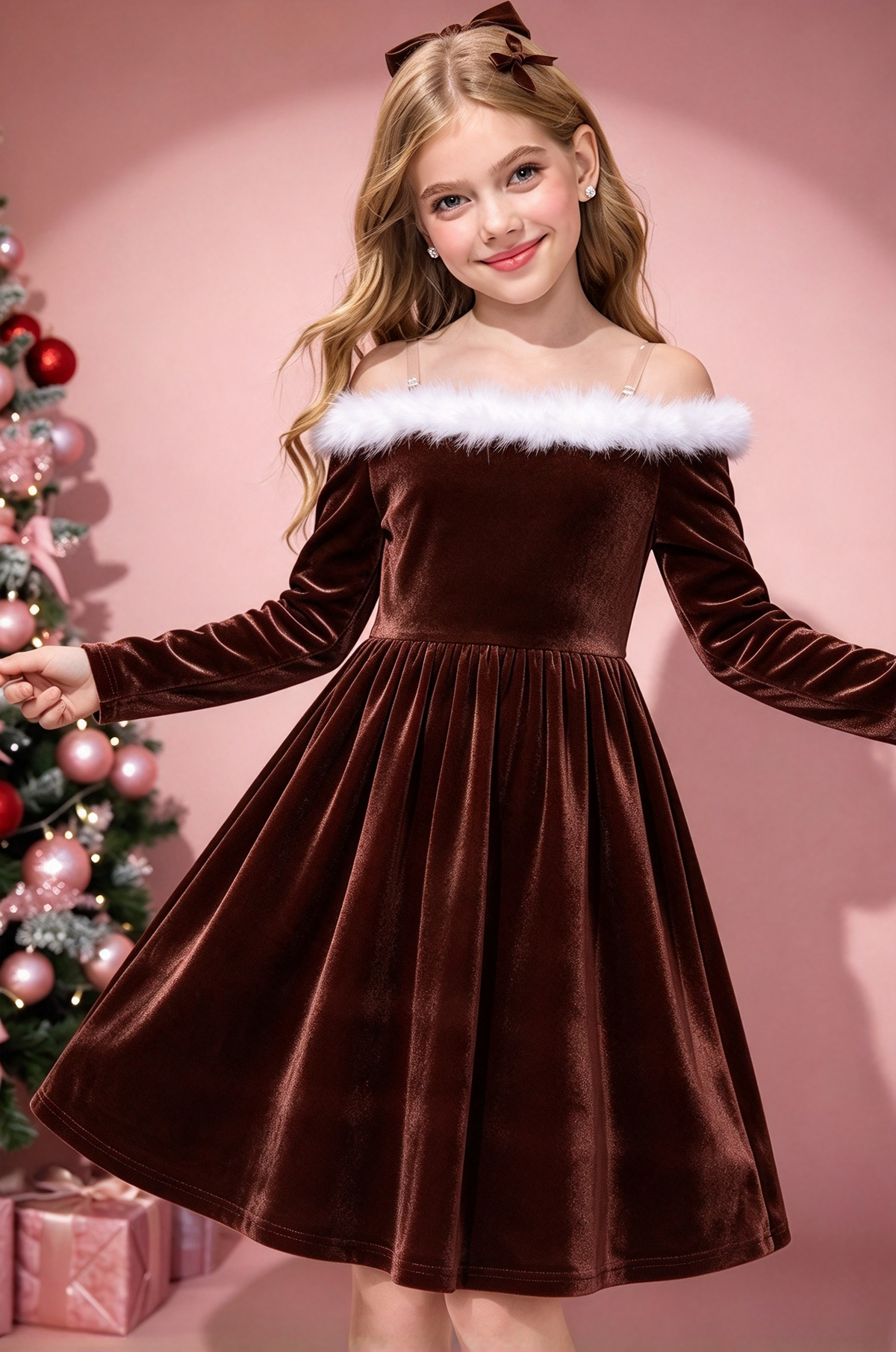 Red Velvet Girls Off Shoulder White Fur A-Line Formal Dress