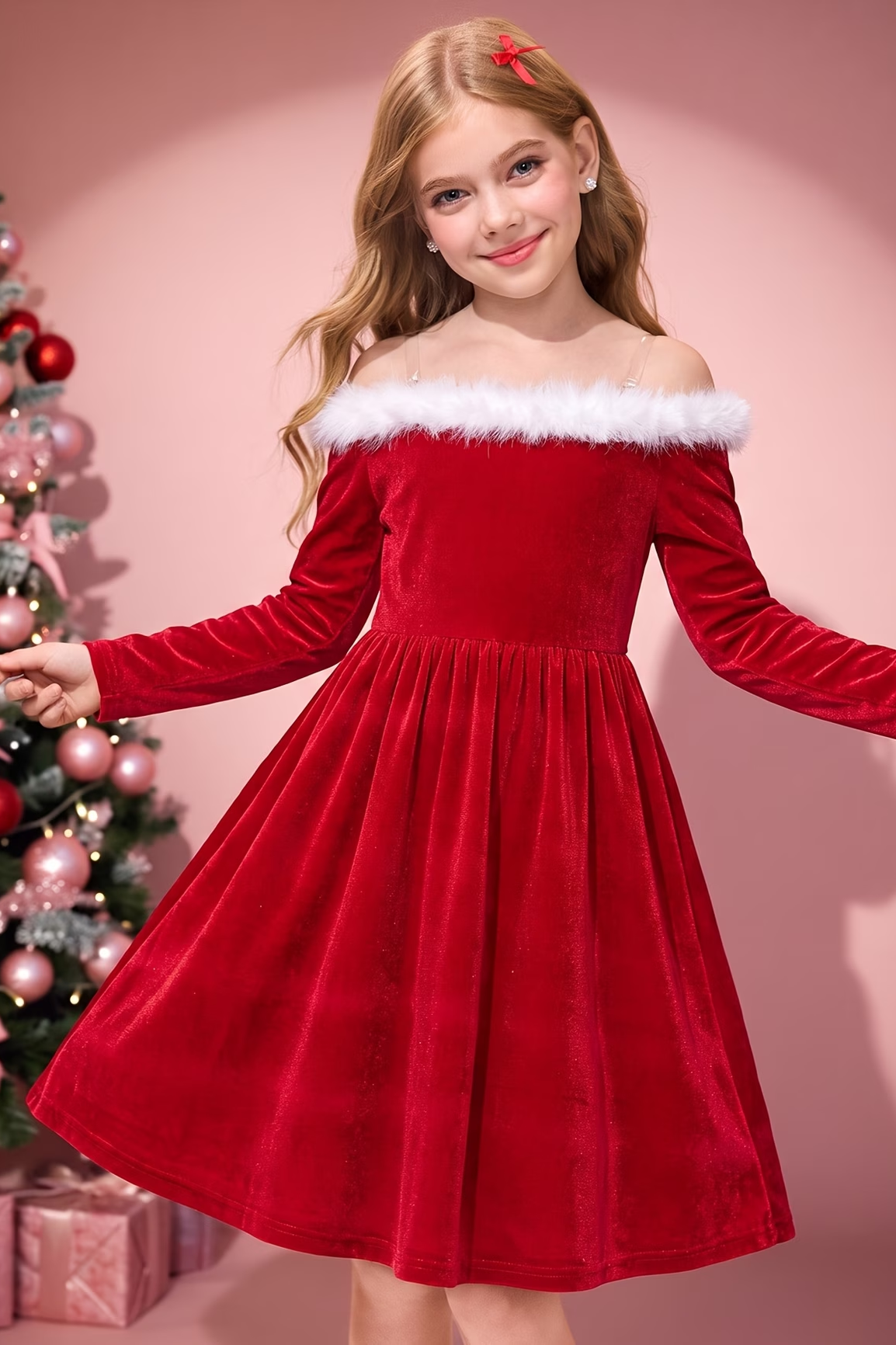 Red Velvet Girls Off Shoulder White Fur A-Line Formal Dress