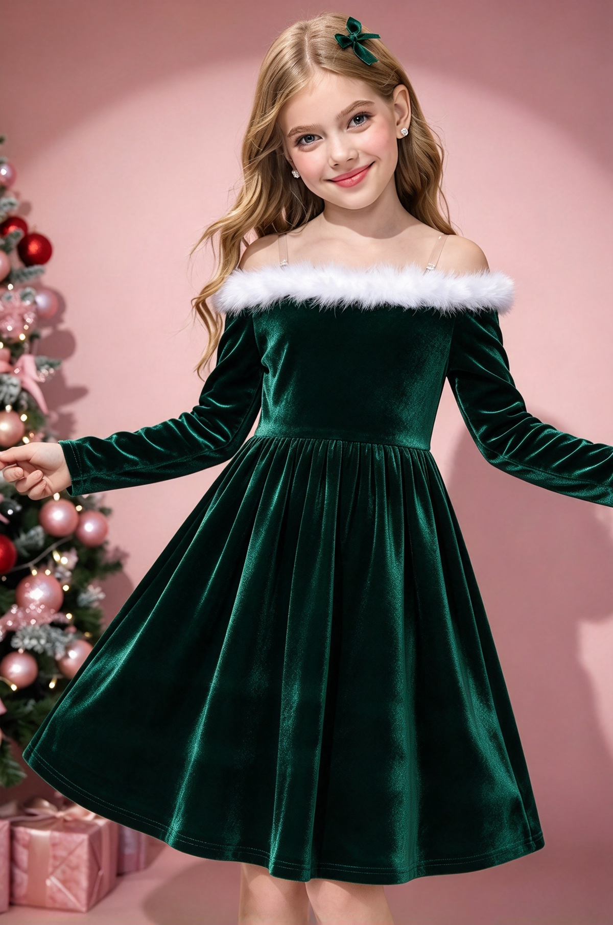 Red Velvet Girls Off Shoulder White Fur A-Line Formal Dress