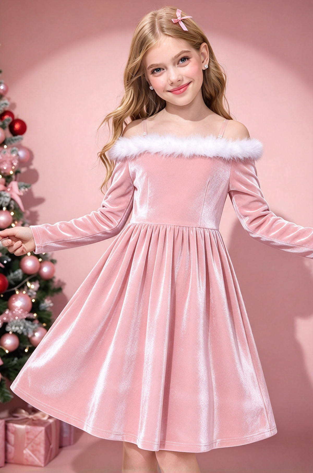 Red Velvet Girls Off Shoulder White Fur A-Line Formal Dress