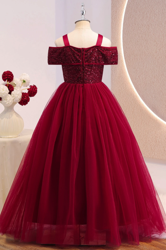 Burgundy Sequin Tulle Girls Formal Big Bow A-Line Dress