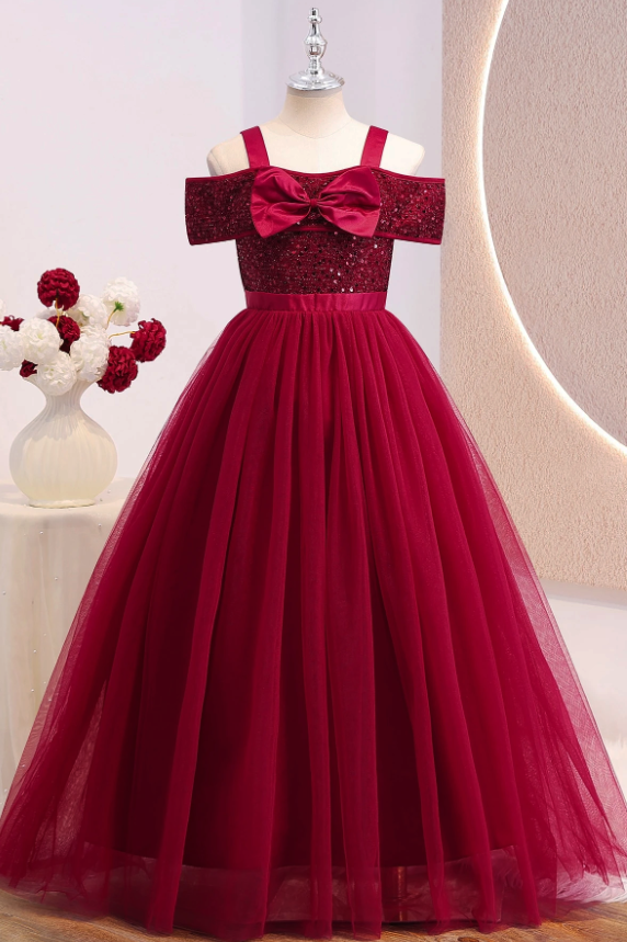 Burgundy Sequin Tulle Girls Formal Big Bow A-Line Dress