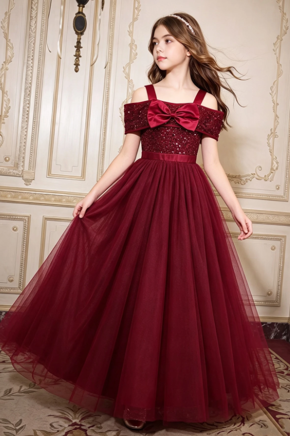 Burgundy Sequin Tulle Girls Formal Big Bow A-Line Dress