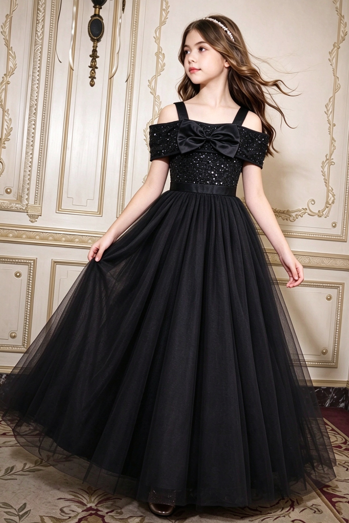 Burgundy Sequin Tulle Girls Formal Big Bow A-Line Dress